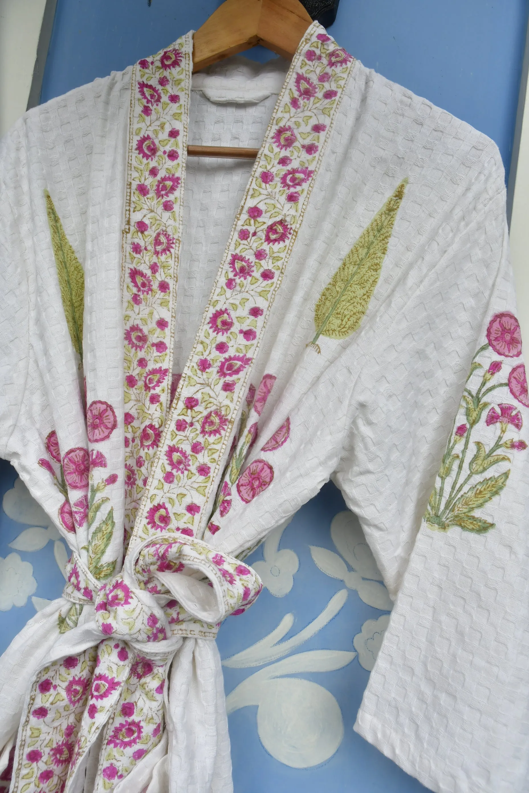 Pink floral and Green Cypress Leaf Premium HandBlock Bathrobe