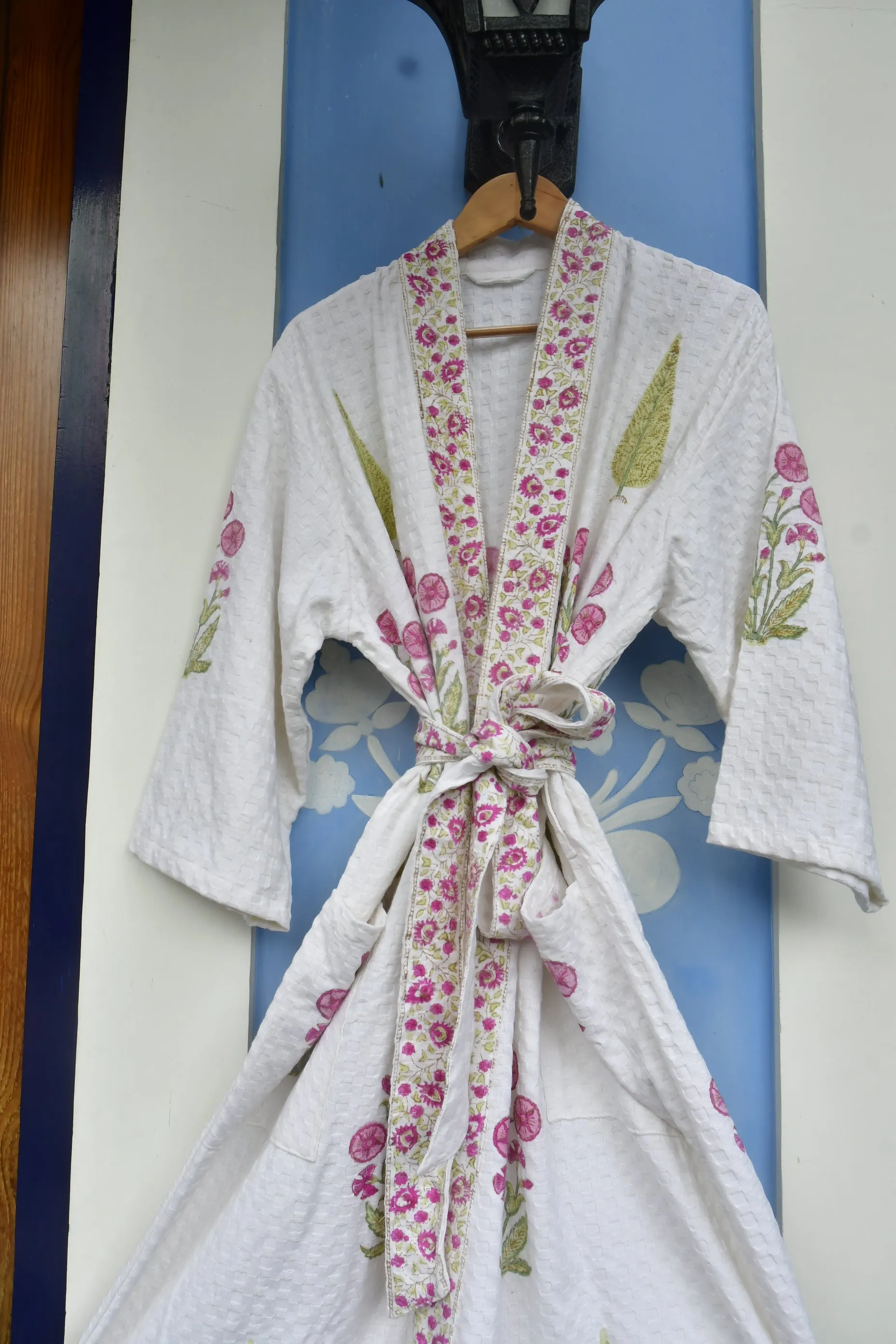 Pink floral and Green Cypress Leaf Premium HandBlock Bathrobe