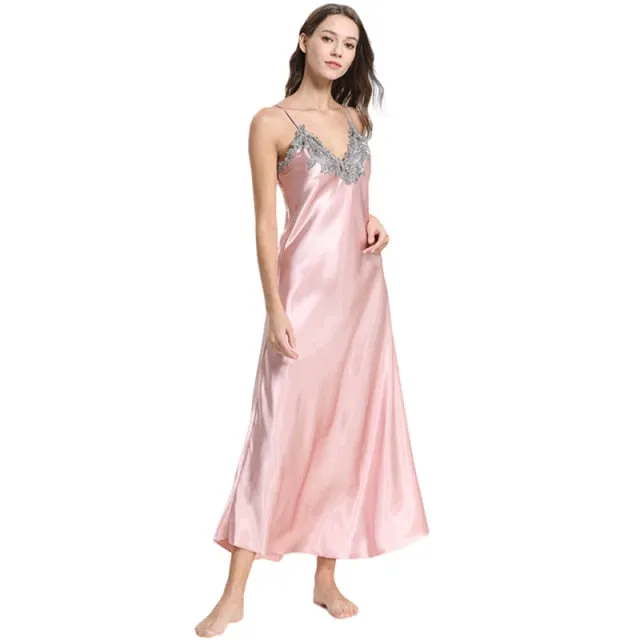 VenusFox Lace Night Dress Pink Negligee Ladies Long Night Gowns Black Womens Sleepwear Silk Nightwear V-neck Plus Lingerie Dressing Gown