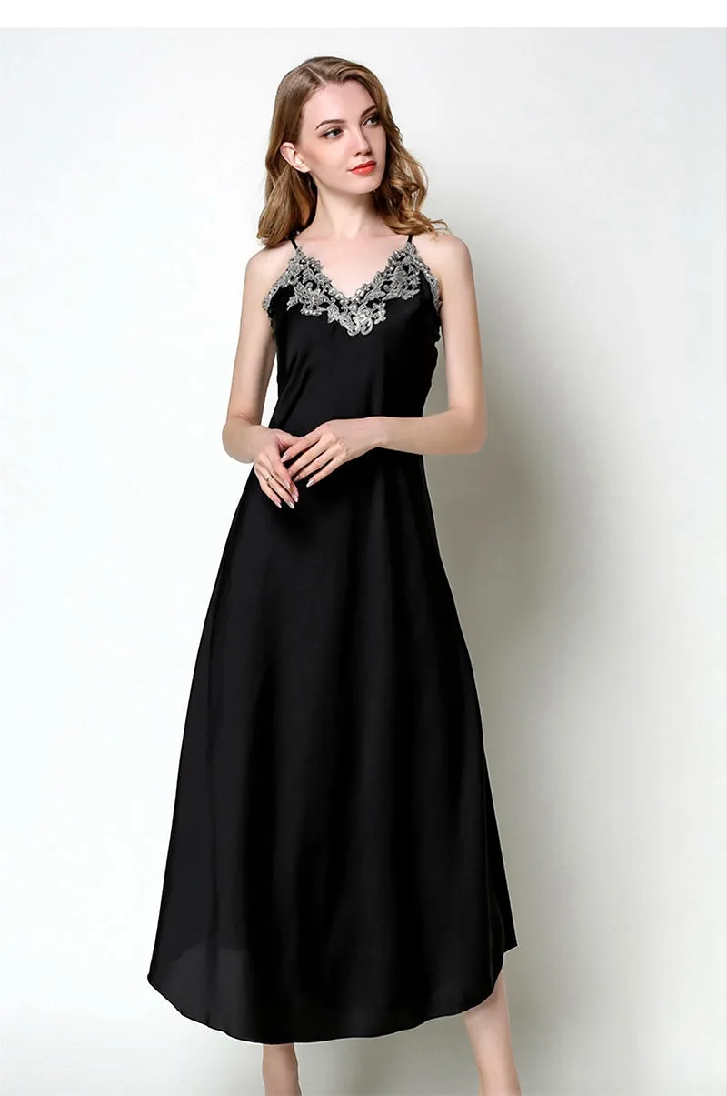 VenusFox Lace Night Dress Pink Negligee Ladies Long Night Gowns Black Womens Sleepwear Silk Nightwear V-neck Plus Lingerie Dressing Gown