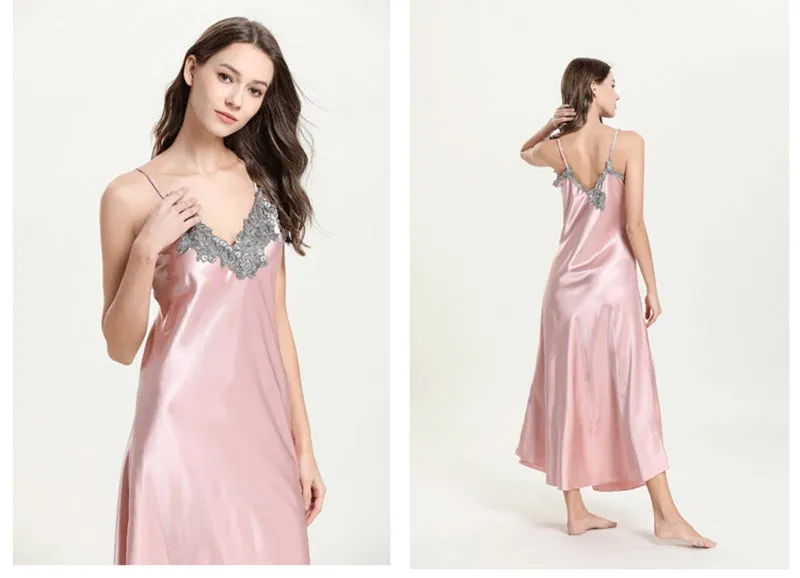 VenusFox Lace Night Dress Pink Negligee Ladies Long Night Gowns Black Womens Sleepwear Silk Nightwear V-neck Plus Lingerie Dressing Gown