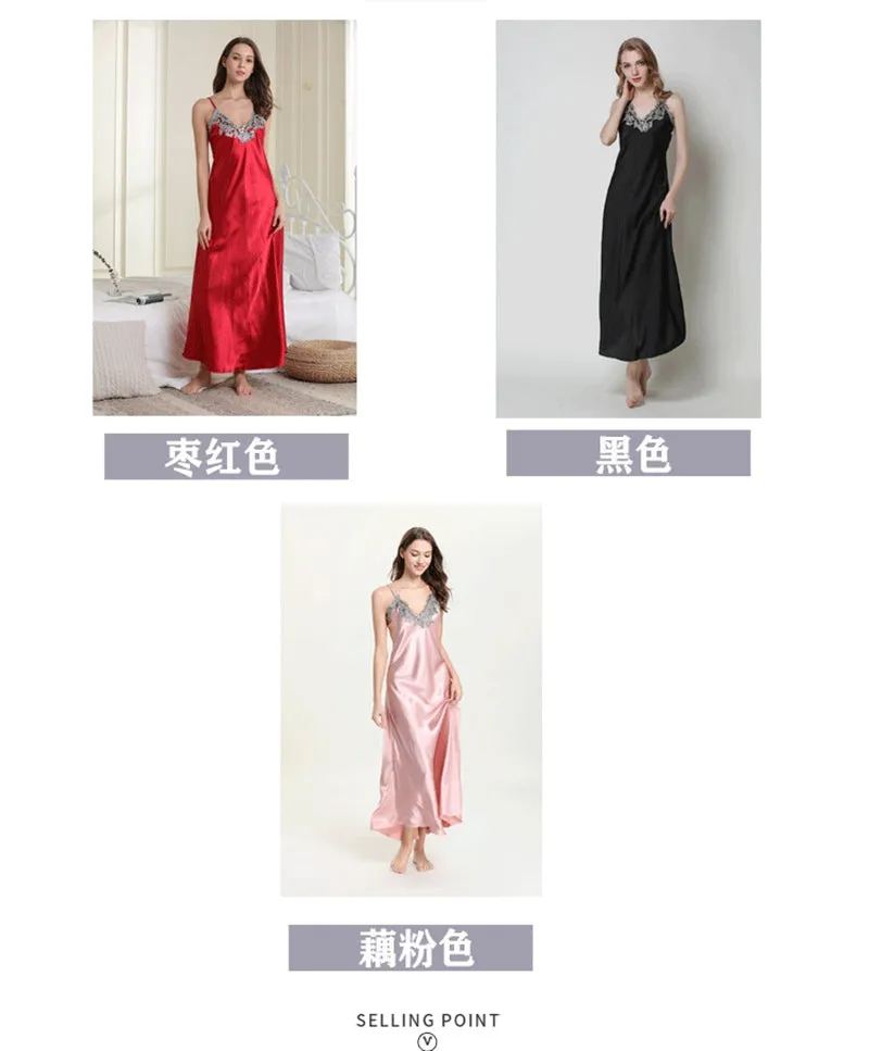 VenusFox Lace Night Dress Pink Negligee Ladies Long Night Gowns Black Womens Sleepwear Silk Nightwear V-neck Plus Lingerie Dressing Gown