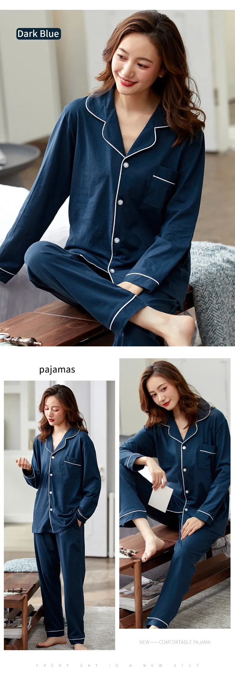 VenusFox Women 100% Cotton Pajamas Winter Dormir Lounge Sleepwear Solid White Pijama Mujer Bedroom Home Clothes Pure Cotton Pyjamas PJs