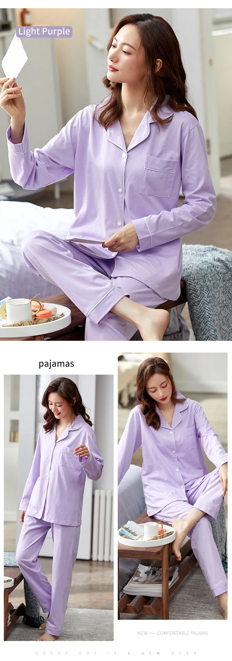 VenusFox Women 100% Cotton Pajamas Winter Dormir Lounge Sleepwear Solid White Pijama Mujer Bedroom Home Clothes Pure Cotton Pyjamas PJs