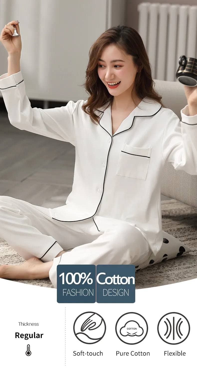 VenusFox Women 100% Cotton Pajamas Winter Dormir Lounge Sleepwear Solid White Pijama Mujer Bedroom Home Clothes Pure Cotton Pyjamas PJs