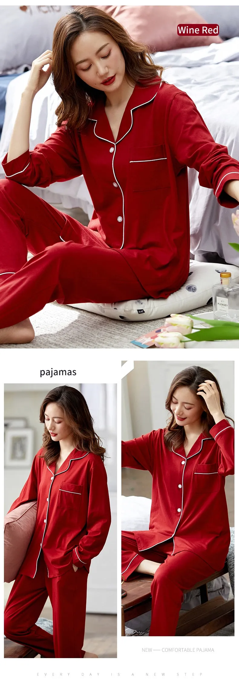 VenusFox Women 100% Cotton Pajamas Winter Dormir Lounge Sleepwear Solid White Pijama Mujer Bedroom Home Clothes Pure Cotton Pyjamas PJs