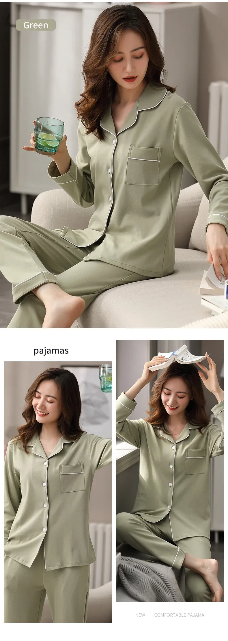 VenusFox Women 100% Cotton Pajamas Winter Dormir Lounge Sleepwear Solid White Pijama Mujer Bedroom Home Clothes Pure Cotton Pyjamas PJs