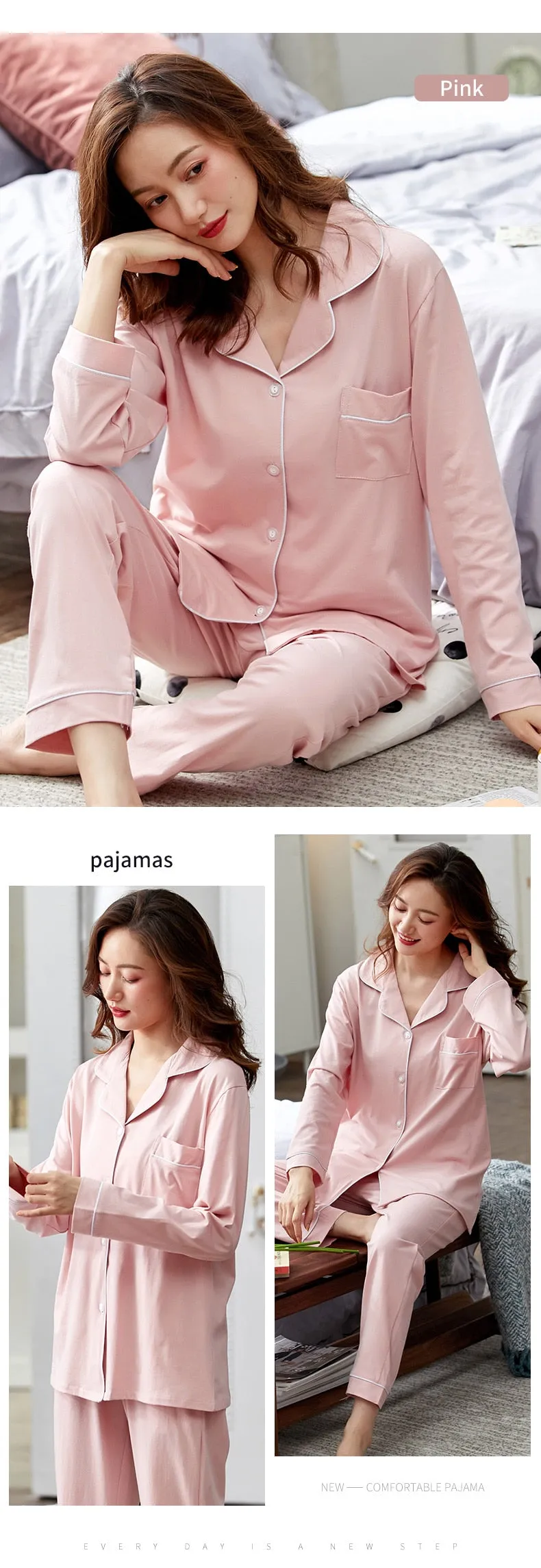 VenusFox Women 100% Cotton Pajamas Winter Dormir Lounge Sleepwear Solid White Pijama Mujer Bedroom Home Clothes Pure Cotton Pyjamas PJs