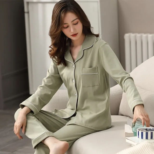 VenusFox Women 100% Cotton Pajamas Winter Dormir Lounge Sleepwear Solid White Pijama Mujer Bedroom Home Clothes Pure Cotton Pyjamas PJs