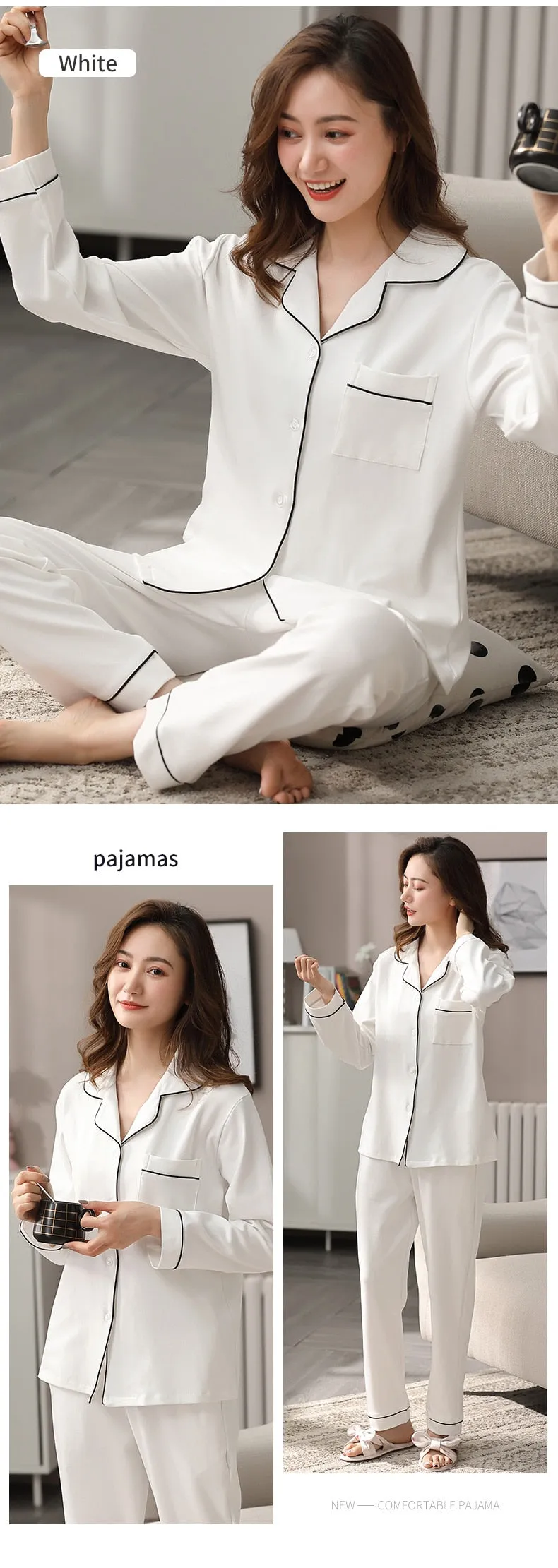 VenusFox Women 100% Cotton Pajamas Winter Dormir Lounge Sleepwear Solid White Pijama Mujer Bedroom Home Clothes Pure Cotton Pyjamas PJs