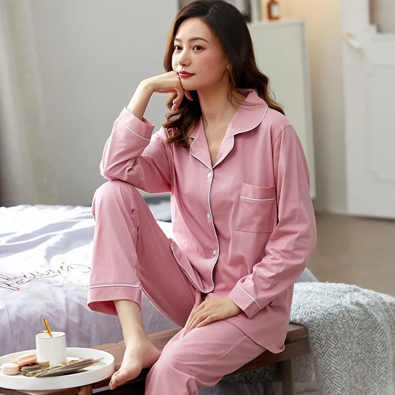 VenusFox Women 100% Cotton Pajamas Winter Dormir Lounge Sleepwear Solid White Pijama Mujer Bedroom Home Clothes Pure Cotton Pyjamas PJs