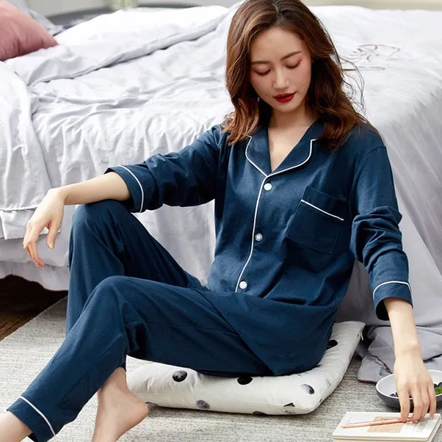 VenusFox Women 100% Cotton Pajamas Winter Dormir Lounge Sleepwear Solid White Pijama Mujer Bedroom Home Clothes Pure Cotton Pyjamas PJs