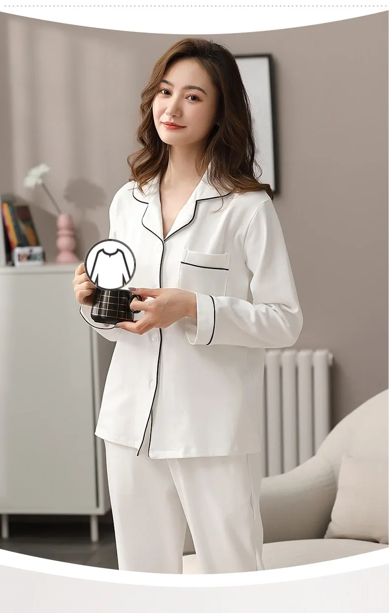 VenusFox Women 100% Cotton Pajamas Winter Dormir Lounge Sleepwear Solid White Pijama Mujer Bedroom Home Clothes Pure Cotton Pyjamas PJs