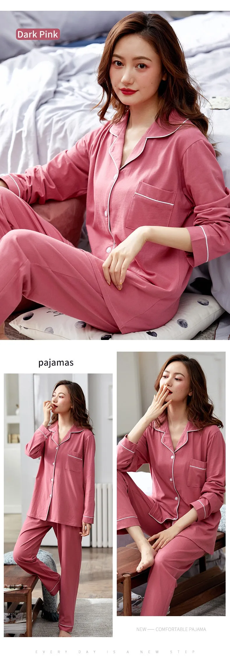 VenusFox Women 100% Cotton Pajamas Winter Dormir Lounge Sleepwear Solid White Pijama Mujer Bedroom Home Clothes Pure Cotton Pyjamas PJs
