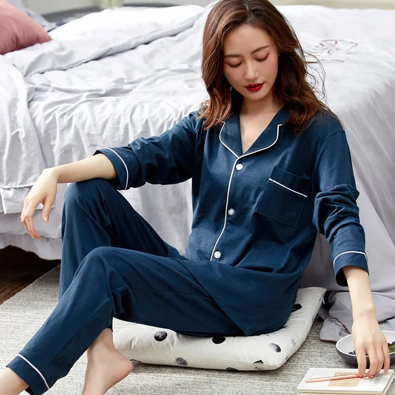 VenusFox Women 100% Cotton Pajamas Winter Dormir Lounge Sleepwear Solid White Pijama Mujer Bedroom Home Clothes Pure Cotton Pyjamas PJs