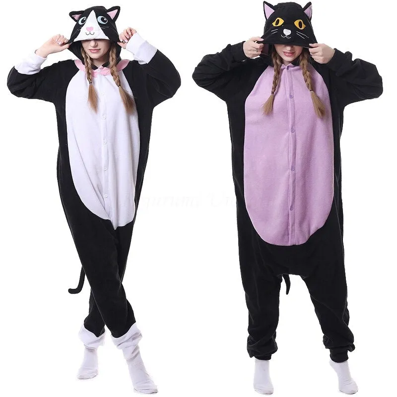 Winter Women Pajamas Kigurumi Unicorn Black Cat  Animal Star Onesies Adult Couple Costume Cosplay Flannel Plus Size Sleepwear