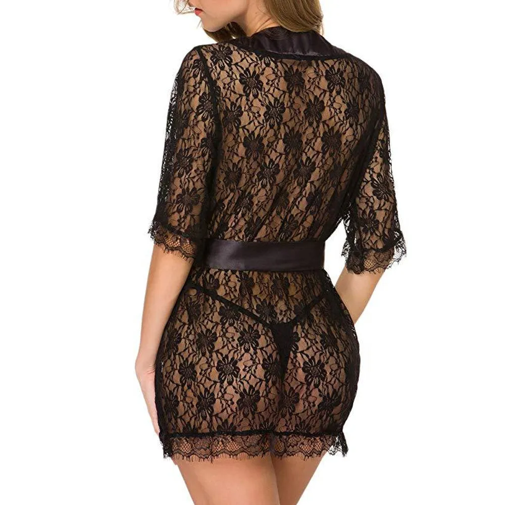 Women Lace Robe Sheer Mesh Babydoll Lingerie Sexy Kimono Nightgown