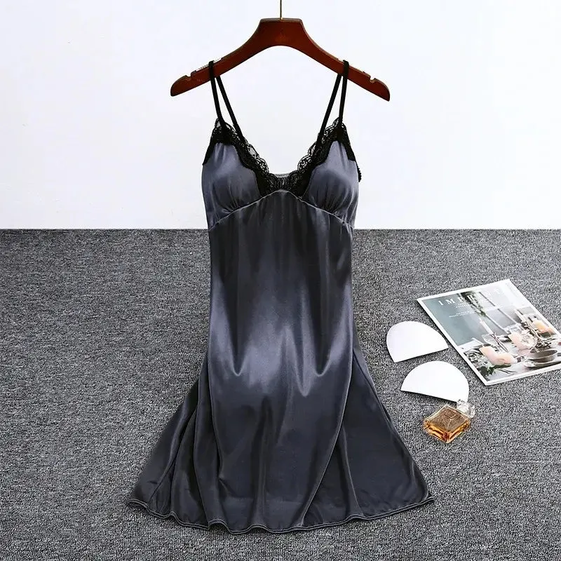 Women Nightgowns Padded Bra Faux Silk Satin Nightdress Female Leopard SleepDress Sleepwear Sleeveless Nightwear Homewear Pajama