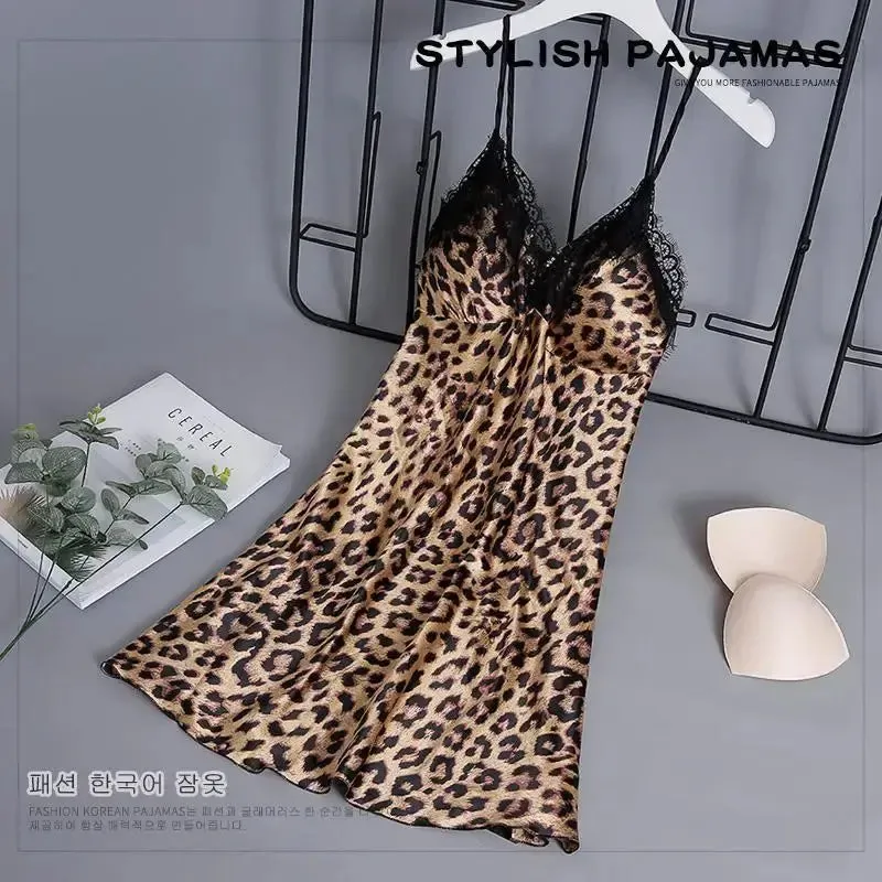Women Nightgowns Padded Bra Faux Silk Satin Nightdress Female Leopard SleepDress Sleepwear Sleeveless Nightwear Homewear Pajama