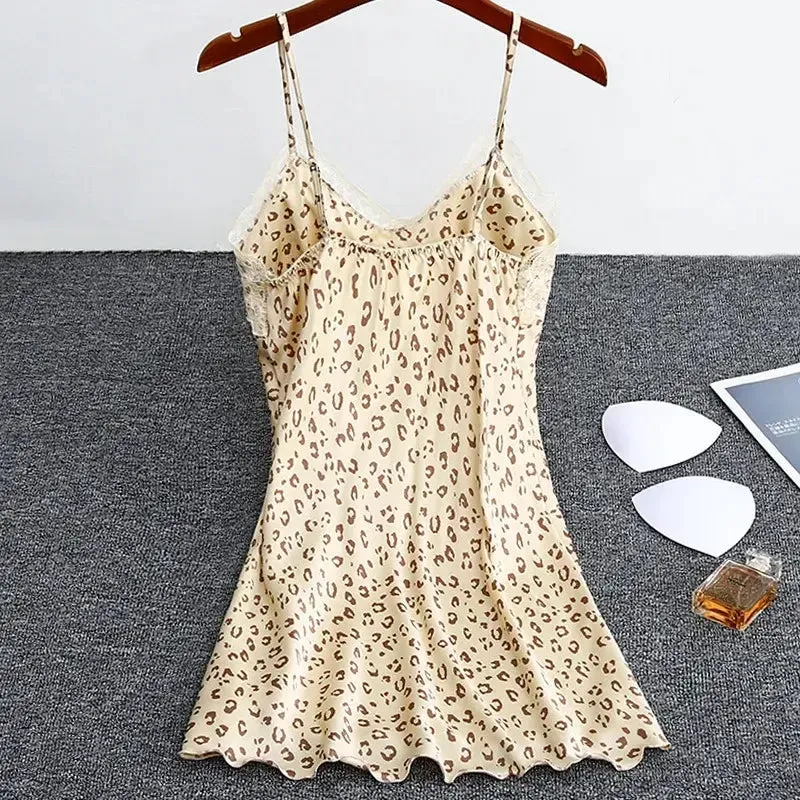 Women Nightgowns Padded Bra Faux Silk Satin Nightdress Female Leopard SleepDress Sleepwear Sleeveless Nightwear Homewear Pajama
