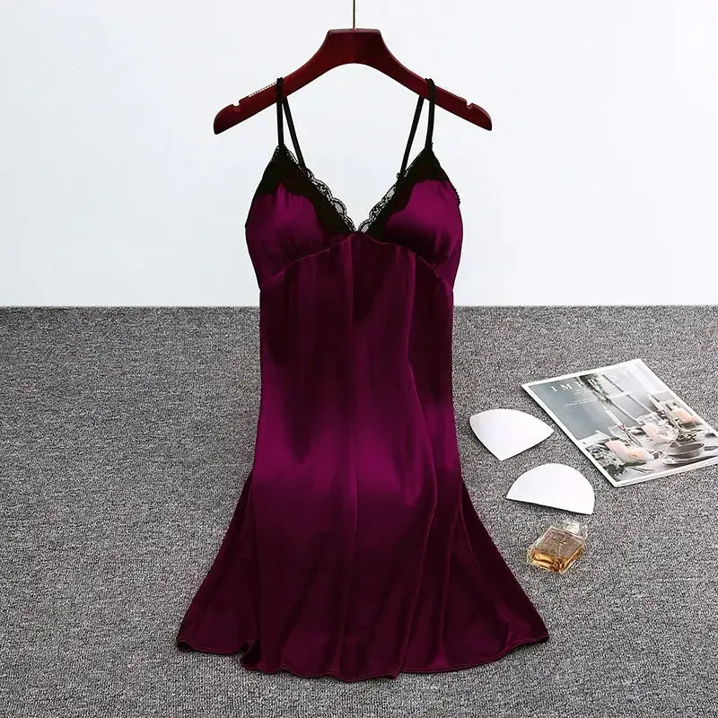 Women Nightgowns Padded Bra Faux Silk Satin Nightdress Female Leopard SleepDress Sleepwear Sleeveless Nightwear Homewear Pajama