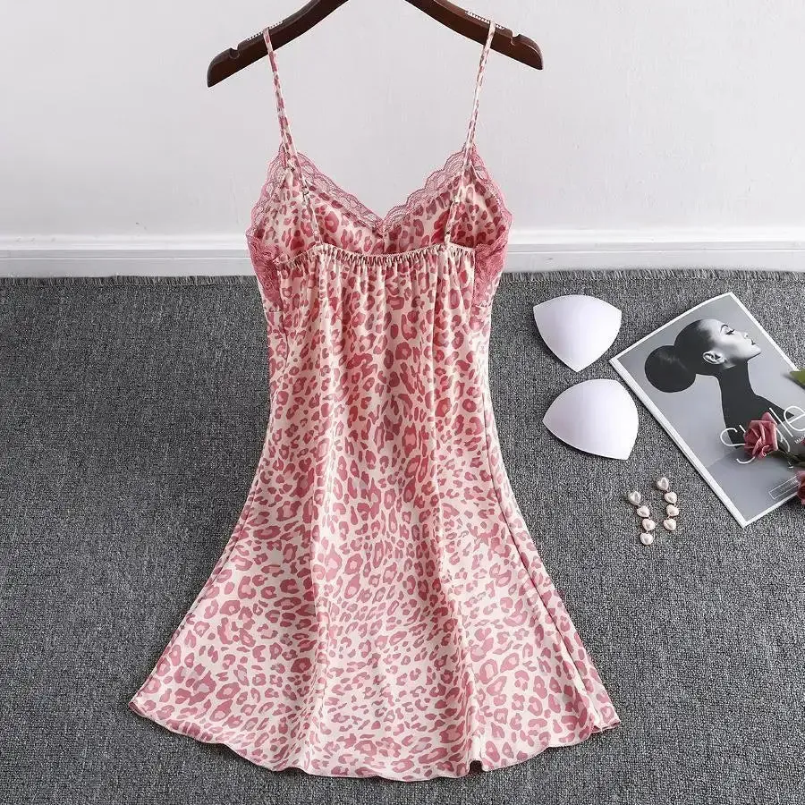 Women Nightgowns Padded Bra Faux Silk Satin Nightdress Female Leopard SleepDress Sleepwear Sleeveless Nightwear Homewear Pajama