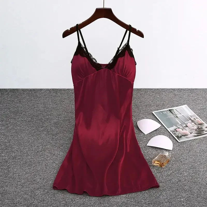 Women Nightgowns Padded Bra Faux Silk Satin Nightdress Female Leopard SleepDress Sleepwear Sleeveless Nightwear Homewear Pajama
