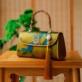 XiangYunSha Silk Mountains Painting Evening Bag with Bamboo Handle